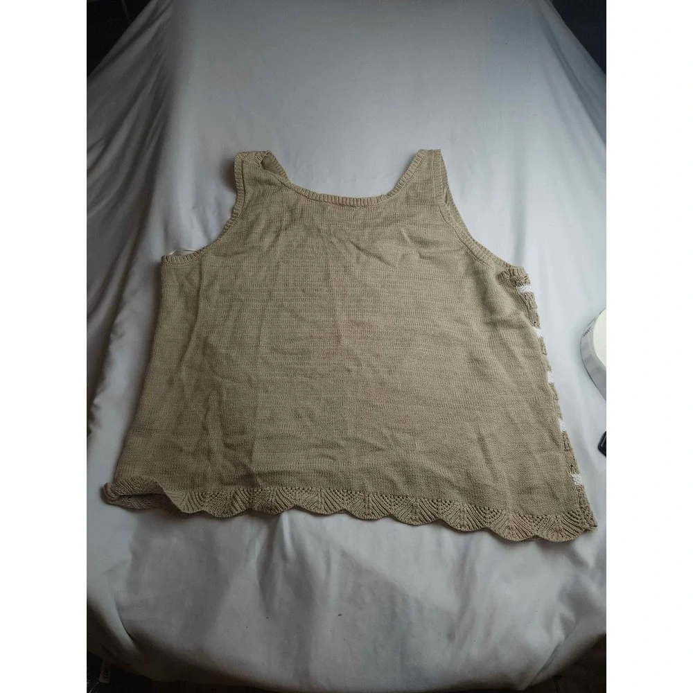LC Lauren Conrad Womens 3X Tan White Striped Pointelle Knit Scallop Tank Top